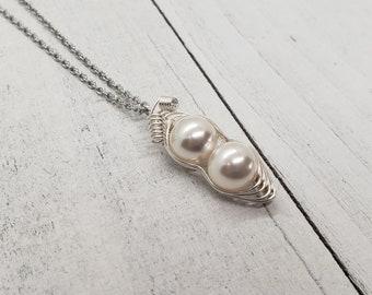 Silver Two Peas In A Pod Necklace, Swarovski Birthstone Pearl Peapod Necklace for APR