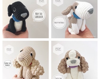 Może przedstawiać: Cztery wzory amigurumi na szydełku dla psów, każdy z inną rasą: Labrador, Beagle, Cocker Spaniel i Cavalier King Charles Spaniel. Każdy wzór jest oznaczony nazwą psa i rasą. Wzory są dostępne do pobrania w formacie PDF.
