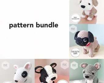 May include: A pattern bundle for crocheting five different dog breeds: a bulldog, a pug, a bull terrier, a Boston terrier, and a French bulldog. Each pattern is available as a PDF download.