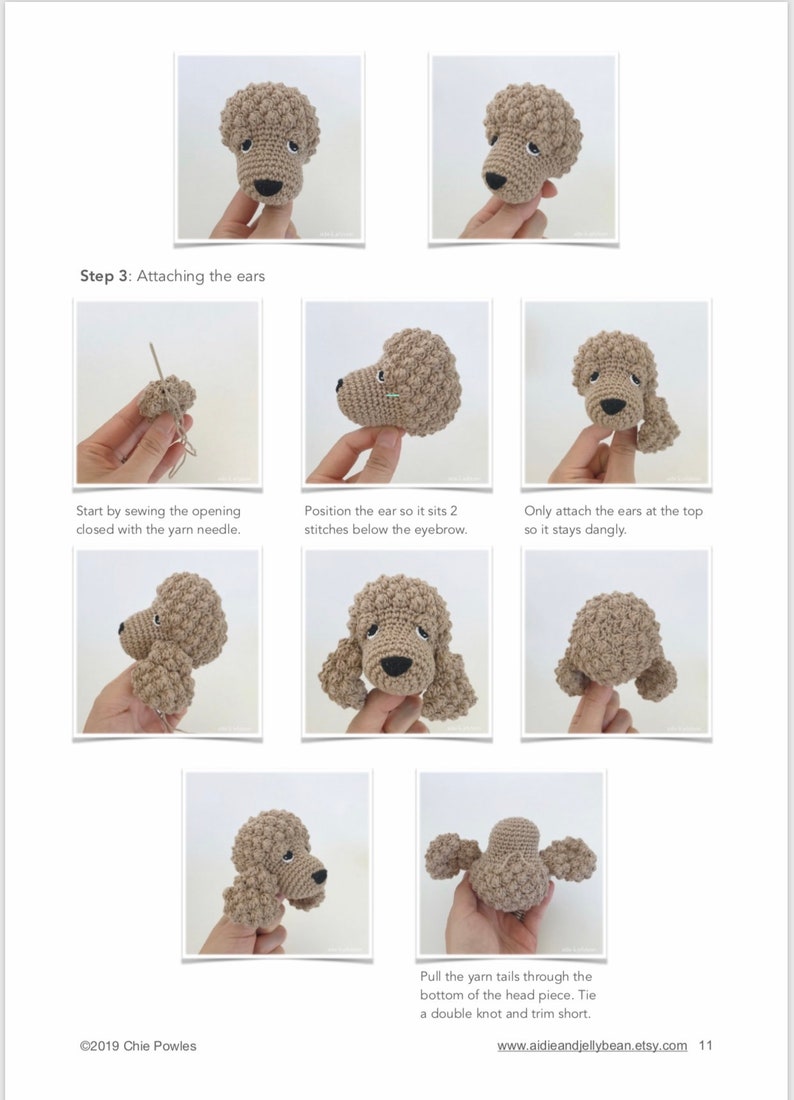 Puede incluir: Instrucciones paso a paso para unir orejas de ganchillo a un caniche amigurumi marr&oacute;n. Las instrucciones incluyen coser la abertura cerrada, colocar las orejas y unirlas en la parte superior. El texto "&copy;2019 Chie Powles" y "www.aidieandjellybean.etsy.com 11" tambi&eacute;n es visible.