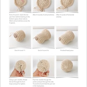 Puede incluir: Una gu&iacute;a paso a paso sobre c&oacute;mo tejer una cabeza de mu&ntilde;eca. Las im&aacute;genes muestran el proceso de tejido de la cabeza, desde el principio hasta el final. La imagen final muestra la pieza de cabeza terminada.