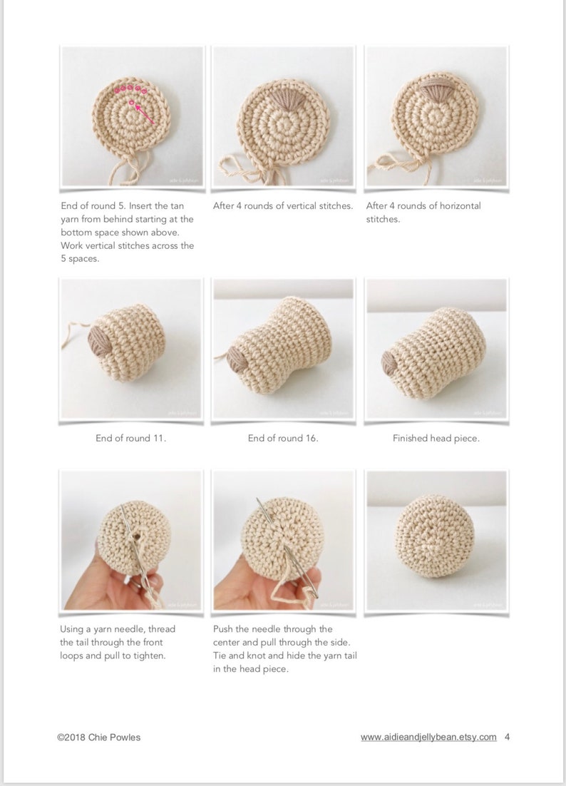 Puede incluir: Una gu&iacute;a paso a paso sobre c&oacute;mo tejer una cabeza de mu&ntilde;eca. Las im&aacute;genes muestran el proceso de tejido de la cabeza, desde el principio hasta el final. La imagen final muestra la pieza de cabeza terminada.
