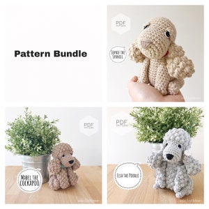 Op de afbeelding: Een digitaal downloadpakket met patronen om vier verschillende amigurumi-hondenspeelgoed te haken. Het pakket bevat patronen voor Sophie de Spaniel, Mabel de Cockapoo en Elsa de Poedel. Elk patroon is een PDF-bestand.