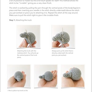 May include: A step-by-step guide on how to attach the trunk to a crocheted amigurumi toy using the mattress stitch. The image shows a close-up of the hands holding the toy and the needle, with instructions on how to pick up the vertical posts of the trunk piece. The text in the image reads "Putting Lenny together" and "Step 1: Attaching the trunk".