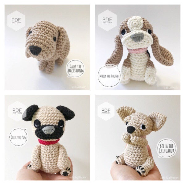 AMIGURUMI PATTERN/ tutorial Bundle (English) Amigurumi Hound, Dachshund, Pug, Chihuahua pdf - US terminology