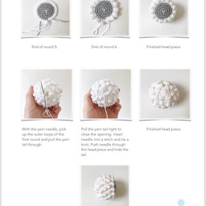 May include: A step-by-step guide on how to crochet a white amigurumi head. The images show the process of crocheting the head, from the beginning to the end. The final image shows the finished head piece.