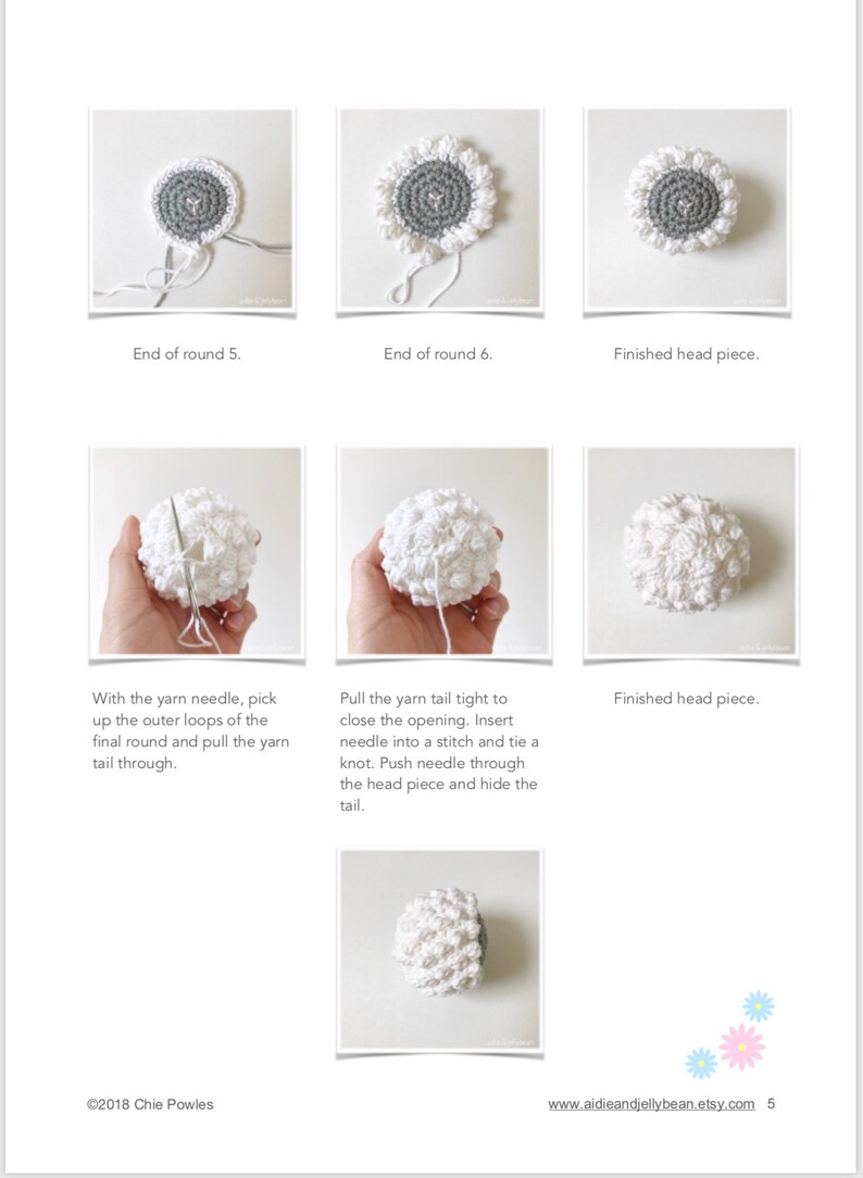 May include: A step-by-step guide on how to crochet a white amigurumi head. The images show the process of crocheting the head, from the beginning to the end. The final image shows the finished head piece.