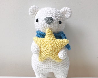 POLAR BEAR crochet amigurumi with scarf holding a star, crochet bear, amigurumi bear, Mother's Day gift, Birthday gift, Anniversary gift