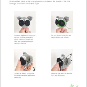 May include: A step-by-step guide on how to sew a black oval patch onto a crocheted raccoon head. The instructions show how to place the patch, sew it in place, and work the needle under both the front and back loops.