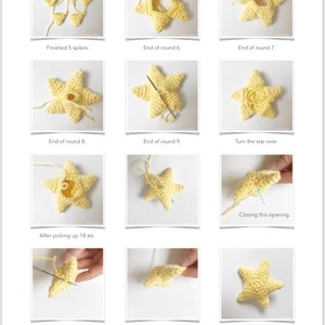 May include: A step-by-step guide on how to crochet a yellow star. The images show the process from the beginning to the end, with captions describing each step. The final image shows the finished star.