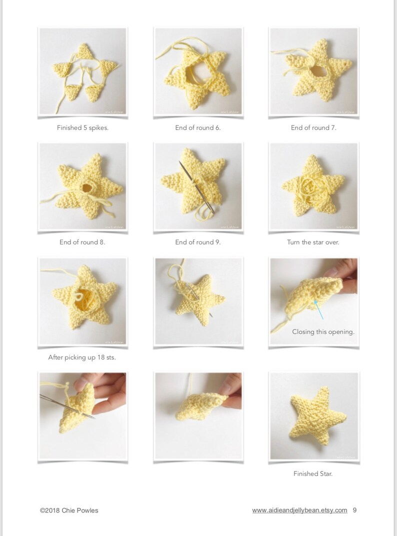 May include: A step-by-step guide on how to crochet a yellow star. The images show the process from the beginning to the end, with captions describing each step. The final image shows the finished star.