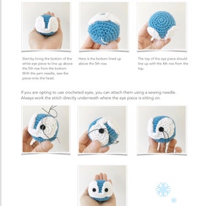May include: A step-by-step guide on how to sew crocheted eyes onto a blue crocheted amigurumi toy. The guide shows the placement of the eyes and how to sew them on using a needle and thread.