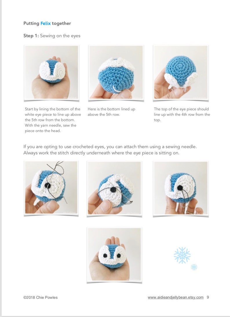 May include: A step-by-step guide on how to sew crocheted eyes onto a blue crocheted amigurumi toy. The guide shows the placement of the eyes and how to sew them on using a needle and thread.