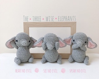 Three Wise Elephants Amigurumi Crochet - See No Evil, Speak No Evil, Hear No Evil