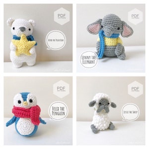 May include: Four crocheted stuffed animal patterns: a white polar bear holding a yellow star, a gray elephant with blue and yellow accents, a blue penguin with a red scarf, and a white sheep with gray accents. Each pattern is labeled with the animal's name and the words "PDF Pattern".