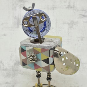 Blue Headed Junk Robot Bird Upcycled Gift for Birders