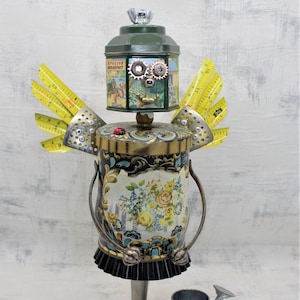 Upcycled Garden Fairy Robot Sculpture: Vintage Tin Art