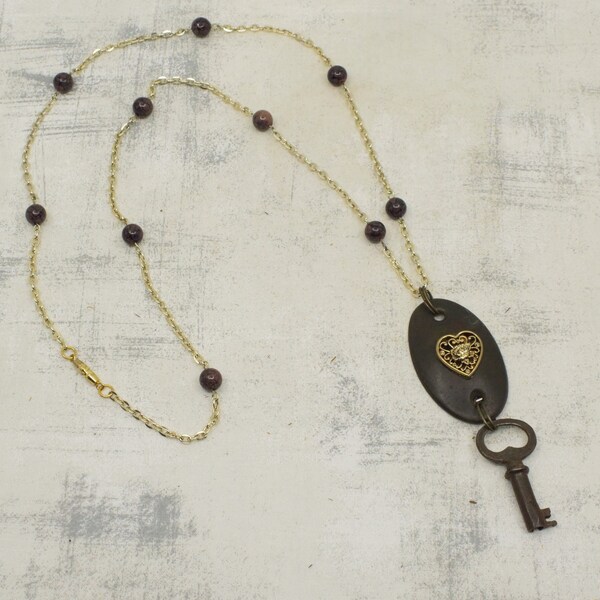 Upcycled Heart and Key Necklace