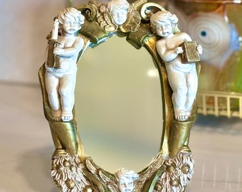 Elegante specchio da toeletta o da parete con putti italiani in stile Art Nouveau antico - Gesso dorato e polystone da collezione 7"