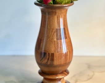 Vintage Hand Turned Wood Parquetry Vase  9”