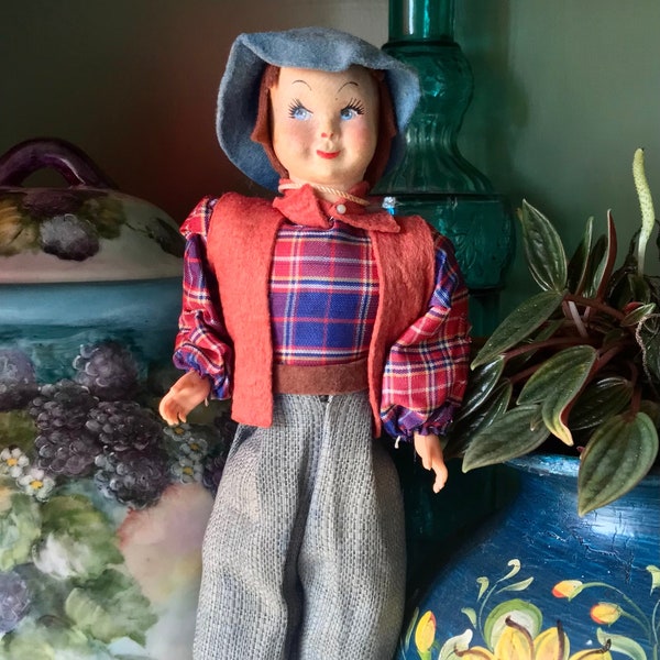 Vintage 1930s-40s Boy Doll Folk Art Peasant Doll Felt Hair and Hat