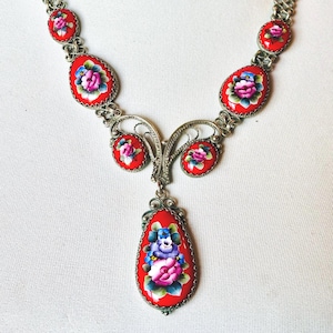 Vintage Russian Finfit Teardrop Necklace Red Floral with Filigree Enameled