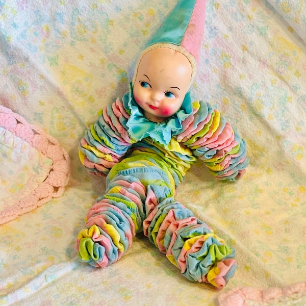 Vintage Fabric YOYo Floppy Baby Kewpie Face Rag Doll Pastels  [needs a little love]
