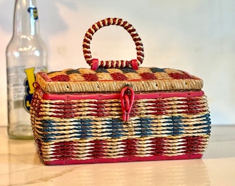 Vintage 1970s Dritz Wicker Sewing Basket With Handle Lined In Red Silk. Made in Japan