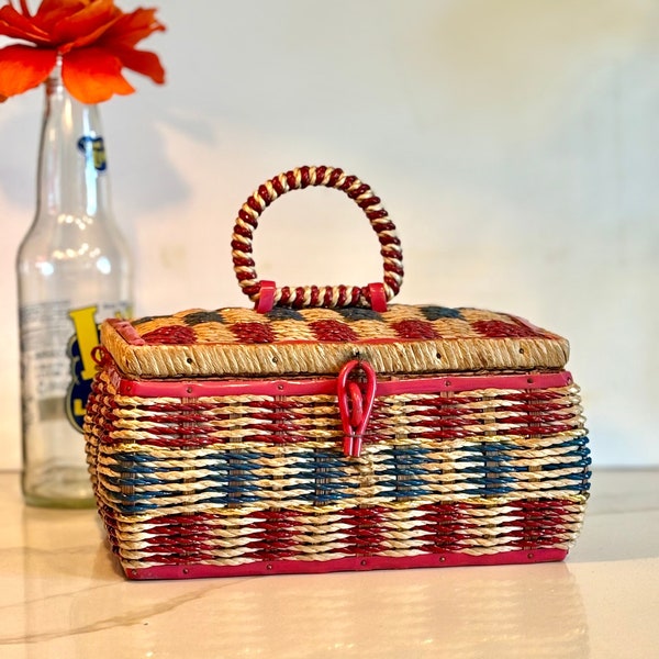 Vintage 1970s Dritz Wicker Sewing Basket With Handle Lined In Red Silk. Made in Japan