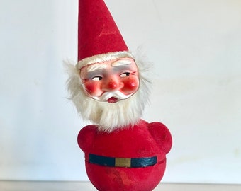 Vintage 40s Christmas Flocked Paper Mache' Nodder “Side Eye” Santa, West Germany, Candy Box