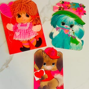 Lot von Drei Kitschigen Vintage Hallmark Valentinskarten Welpen und Puppen [signiert]