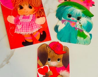 Lot of Three Kitschy Vintage Hallmark Valentines Cards Puppies and Dolls [signed]