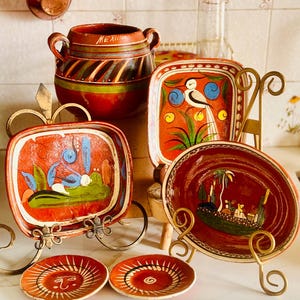 Vintage Mexican Tlaquepaque Redware Pottery  Mixed Set | Folk Art Handmade