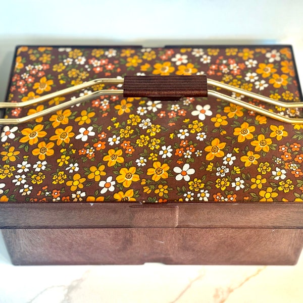 Vintage 70s French Sewing Box Caddy Gold Metal Squeeze Handles Floral Fabric Lid 12” x 6”