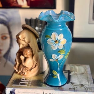 Fenton Hand Painted Blue Opalescent Ruffled Glass Vase with Flowers Signed CA Hall