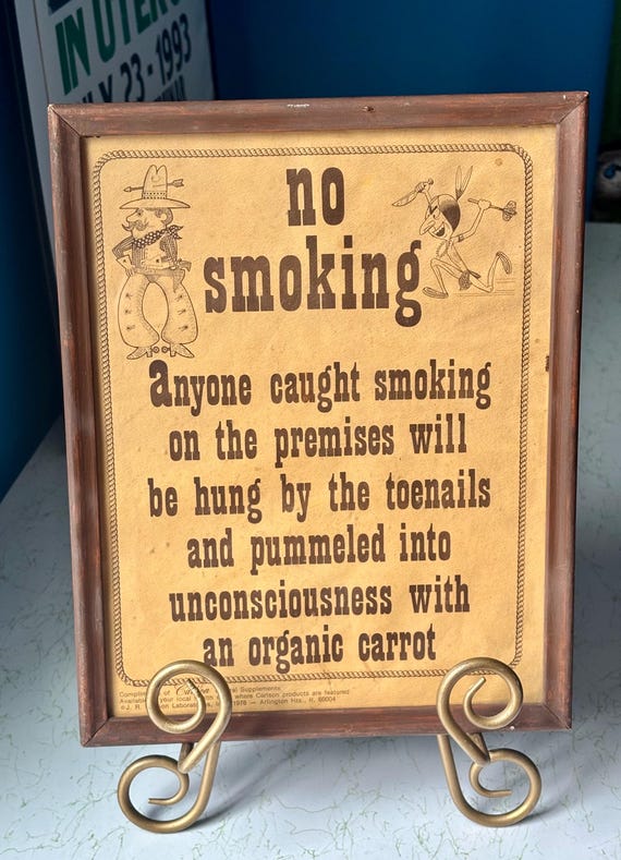 Vintage Ephemera Advertising 1978 No Smoking Sign | Western Theme | Humorous, Framed