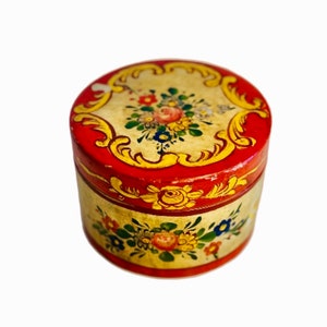 Old Wooden Hand Painted Trinket Box Floral Red Gold Blue Pink Chippy Round Lidded Made in Japan