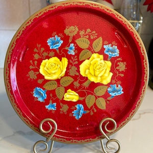 Red Gold Yellow Metal Floral Motif Tray Made In London, England By Elite Trays