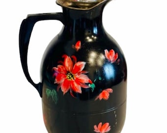 Antique 1910 Thermos Carafe: Handpainted Floral Vacuum Bottle