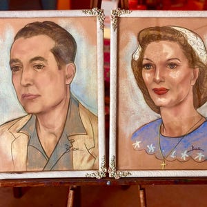 1940s American Couple Charcoal Original Portraits Set Floral Textured Frames Signed