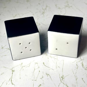 May include: Two modern salt and pepper shakers. Each shaker is a cube with a black top and a white base. The white base of one shaker has six holes, while the other has two holes. The shakers are on a white surface with green veining.