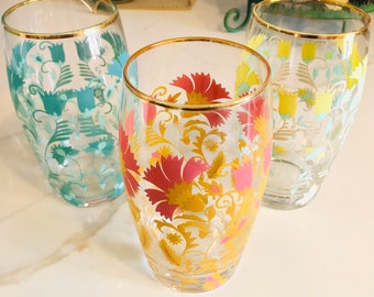 Vintage Set of Three Floral Tumblers 1970s Gold Rims