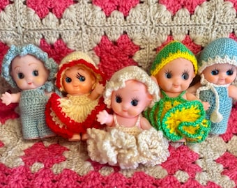 Vintage Soft Vinyl Kewpies with Hand Crocheted Outfits and Hats | Angel Wings Japan