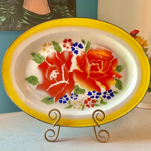 Vintage Porcelain Enamel Tray Red Yellow Floral Oval Large