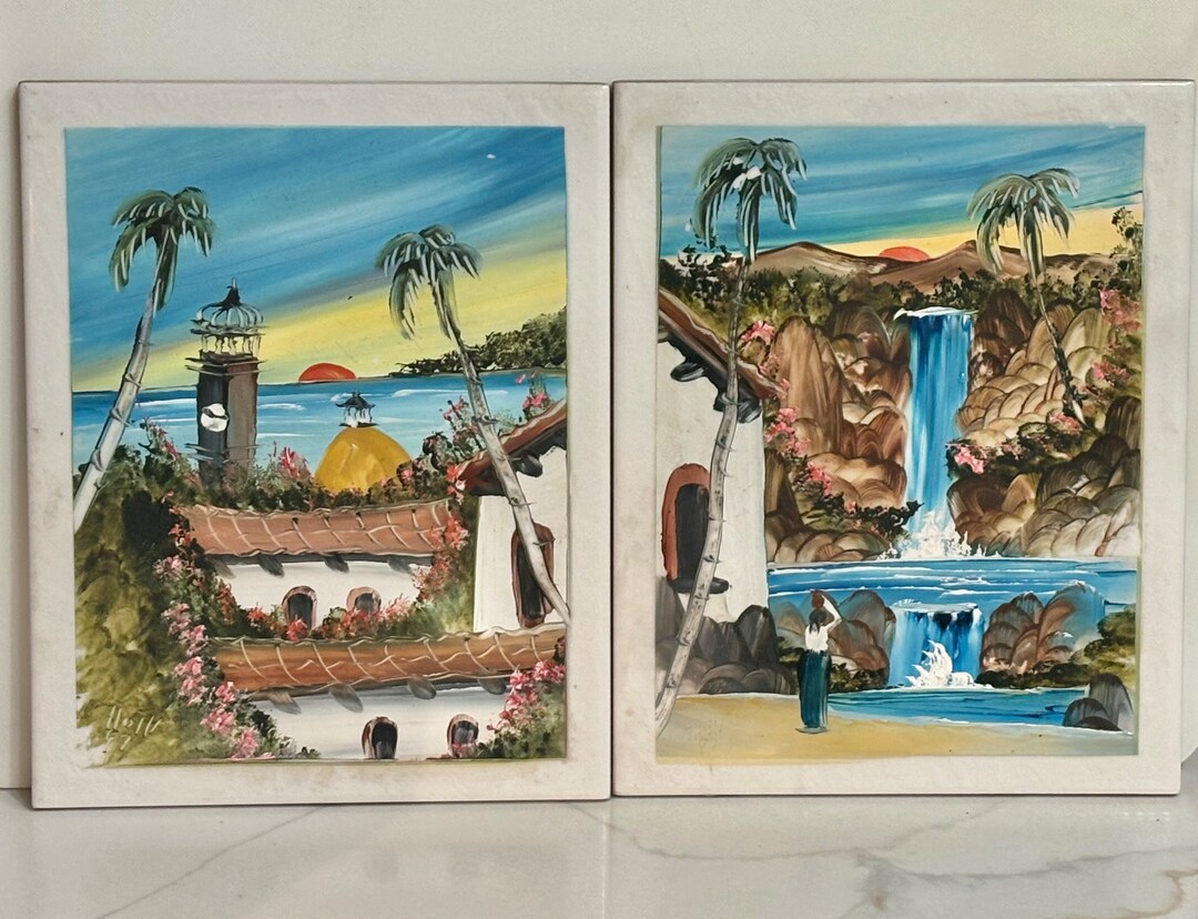 Vintage 1997 Pair of Large Hand Painted Signed Tiles Mexico Folk Art - Etsy