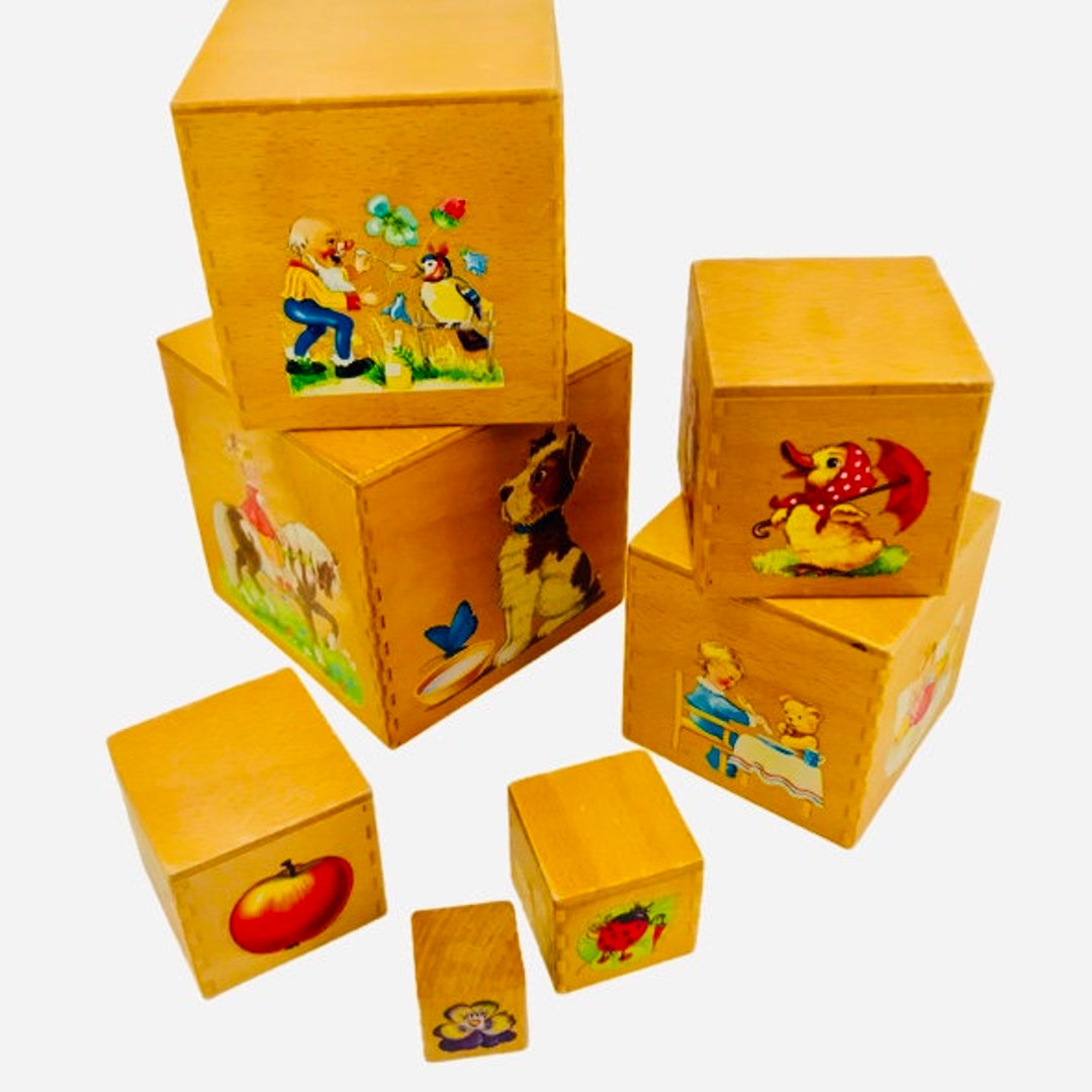 Vintage 1950s Kitsch German Stackable Nesting Block Set With Adorable