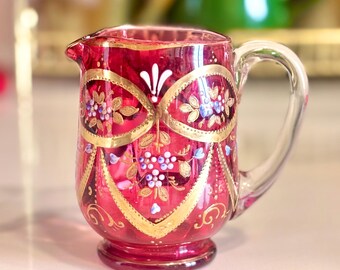 Victorian-era Bohemian Cranberry Glass Creamer | Hand Painted Enamel Floral
