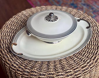 1940s Taylor Smith Platinum Stripes Lidded Vegetable Dish with Platter