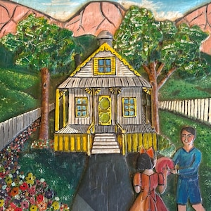Vintage American Folk Art Wood Carved Painting Two Children Old Cottage Naive Art Signed