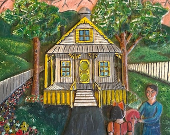 Vintage American Folk Art Wood Carved Painting Two Children Old Cottage Naive Art Signed
